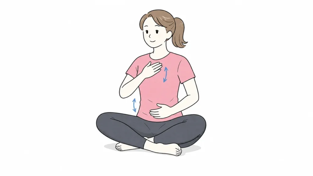 お腹に手を当てて行う腹式呼吸の練習