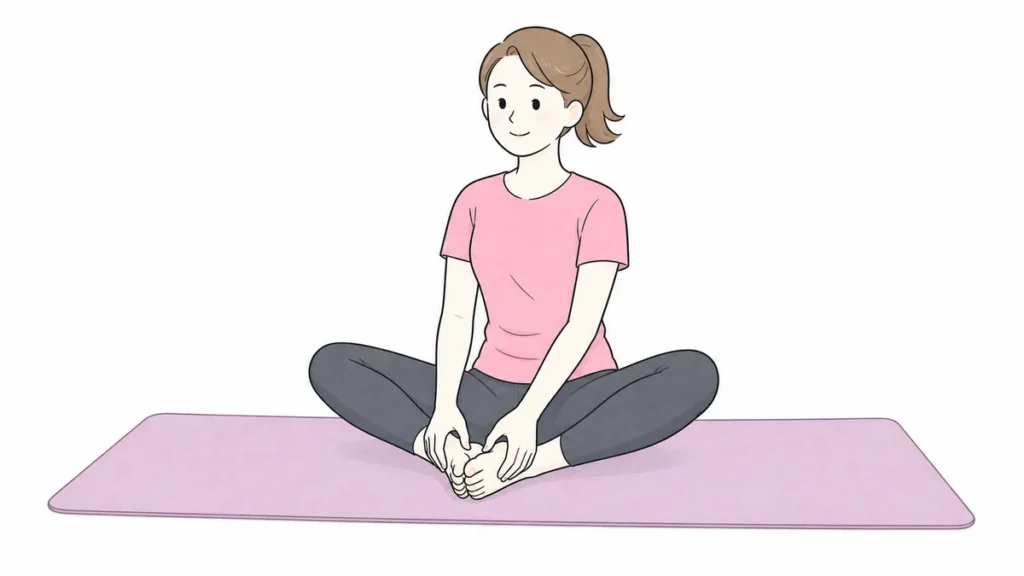 内転筋を伸ばすバタフライストレッチを行う女性