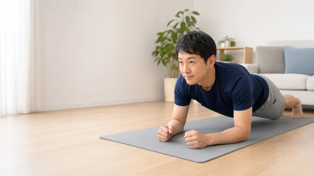 自宅でプランクを始める男性のトレーニング風景
