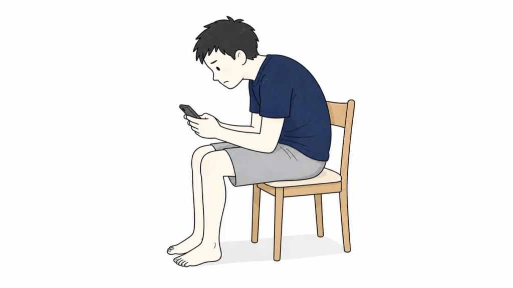 デスクワークとスマホ姿勢で体が硬くなる男性のイラスト