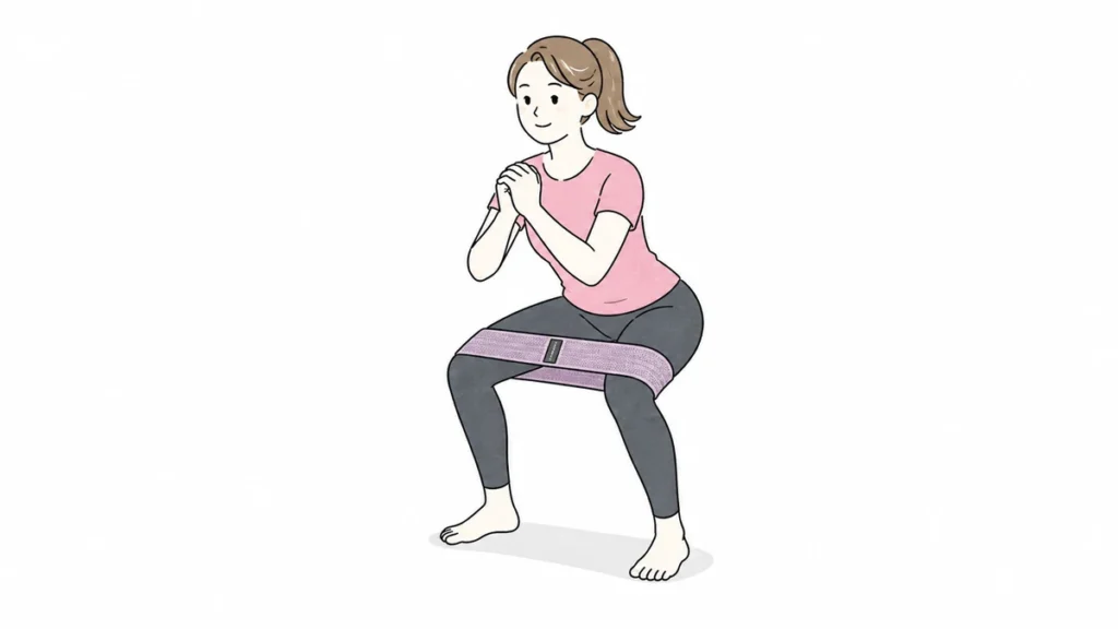 布製バンドを使ってスクワットをする女性キャラ