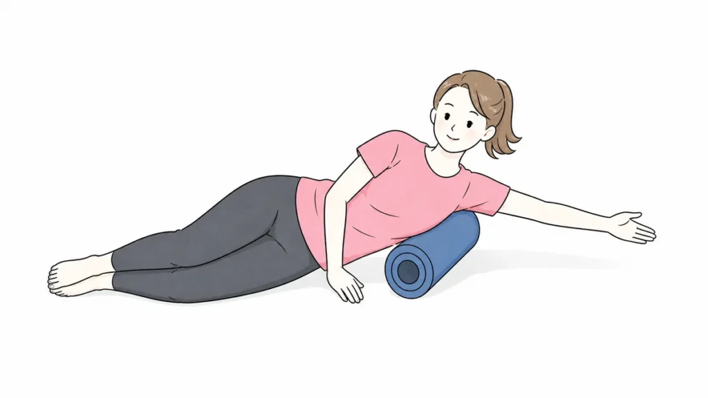 フォームローラーで胸と肩まわりをほぐす女性のイラスト