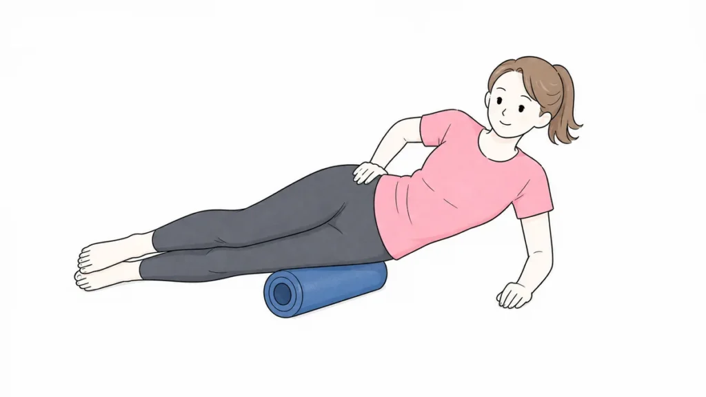 フォームローラーで筋膜リリースをしてからストレッチに備える女性