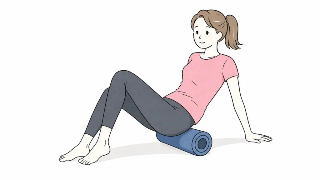 フォームローラーで股関節まわりをほぐす女性のイラスト