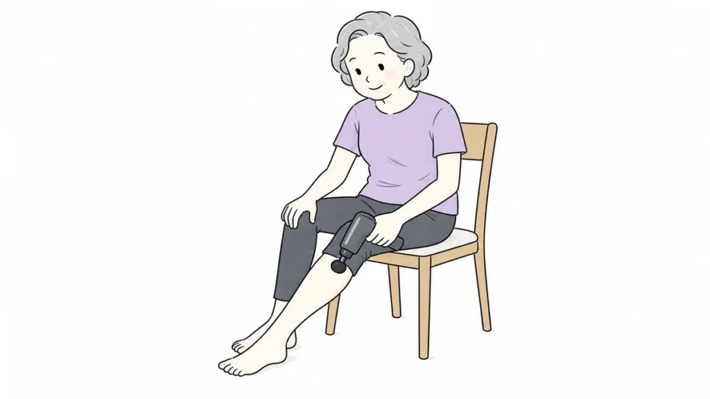 年配女性がふくらはぎにマッサージガンをやさしく使うイラスト