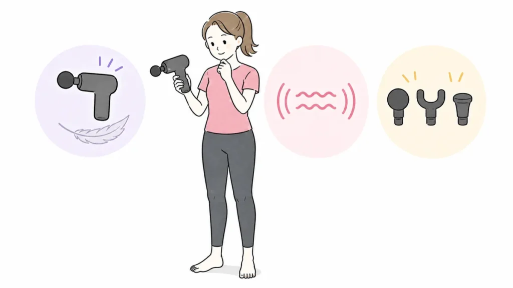 マッサージガンを振幅・重さ・アタッチメントで選ぶ女性のイラスト