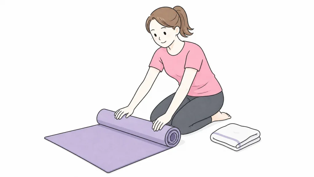 1ヶ月ストレッチを続けるためにヨガマットを敷く女性