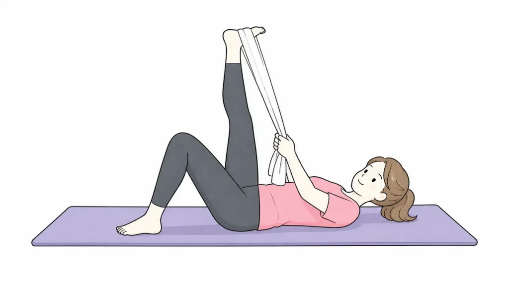 タオルを使ってPNFハムストリングスストレッチを行う女性