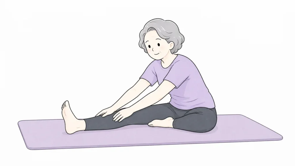 60代女性が無理なく座って柔軟性ストレッチをするイラスト