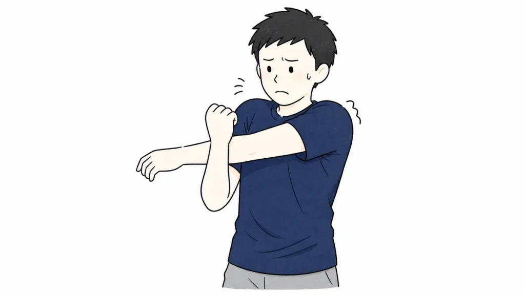 肩ストレッチで痛みを我慢して腕を引っ張りすぎているNG例