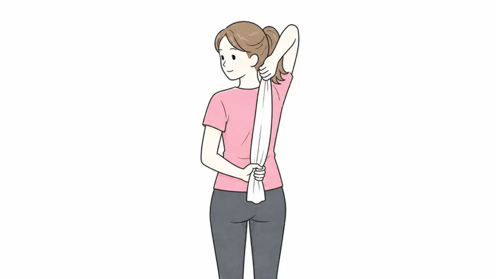 タオルを使って肩の後面を伸ばすストレッチ