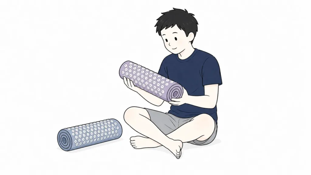 ハリマットを手に取って刺激や使い方を比べる男性