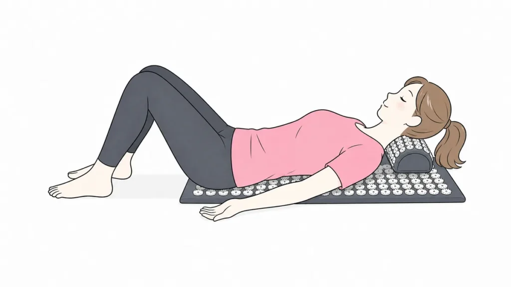ハリマットと枕で首と肩まわりをケアする女性