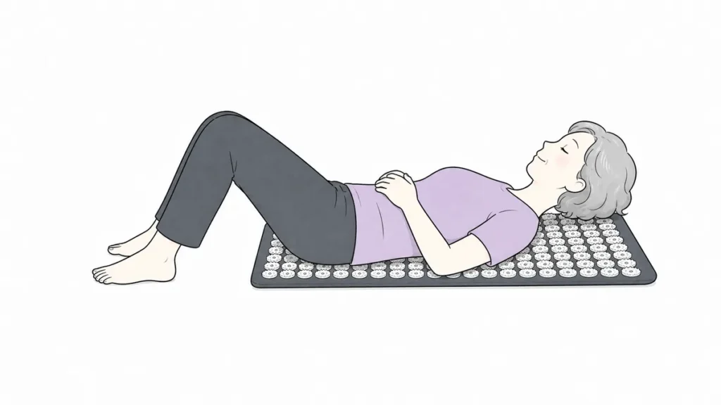 就寝前のリラックス習慣としてハリマットに横になる年配女性