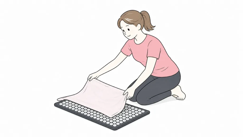 刺激が強いハリマットに薄いタオルを重ねて調整する女性