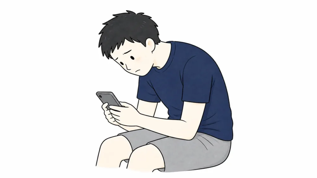 スマホを見る前傾姿勢で首に負担がかかる男性のイラスト