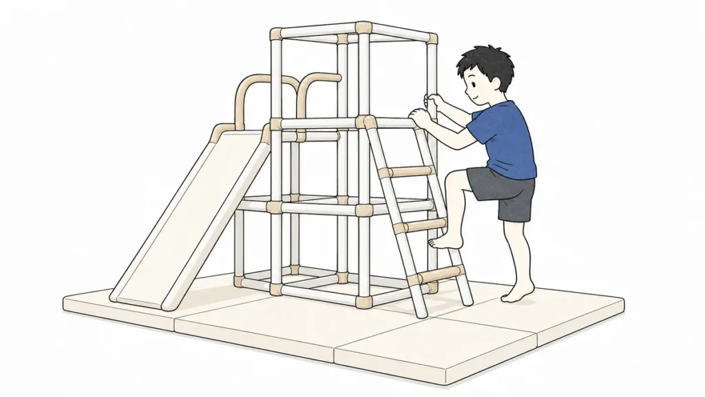 室内ジャングルジムを安全に登る男の子キャラ