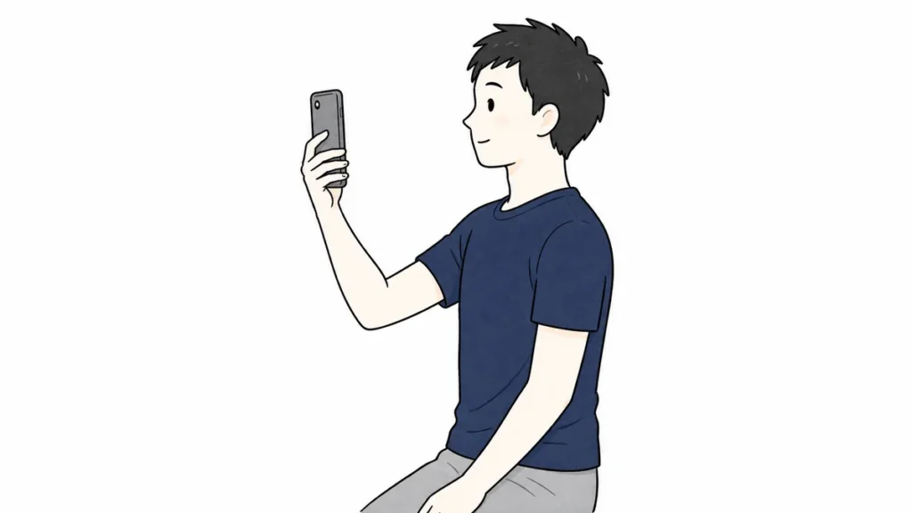 スマホを目の高さで使い首への負担を減らす姿勢