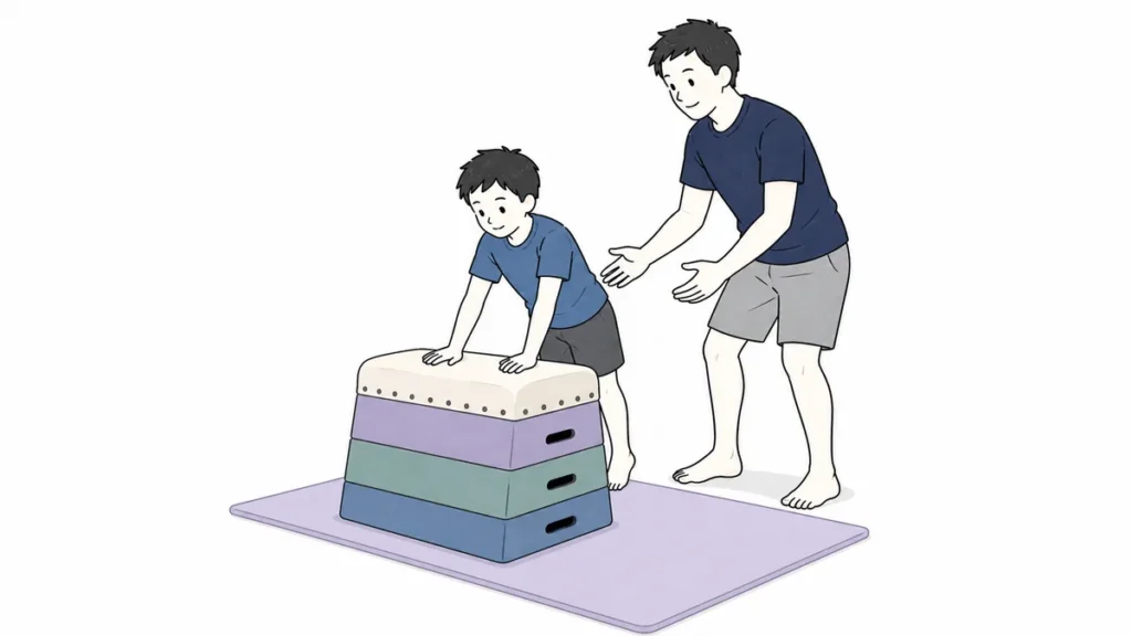 大人が付き添ってソフト跳び箱を練習する子供