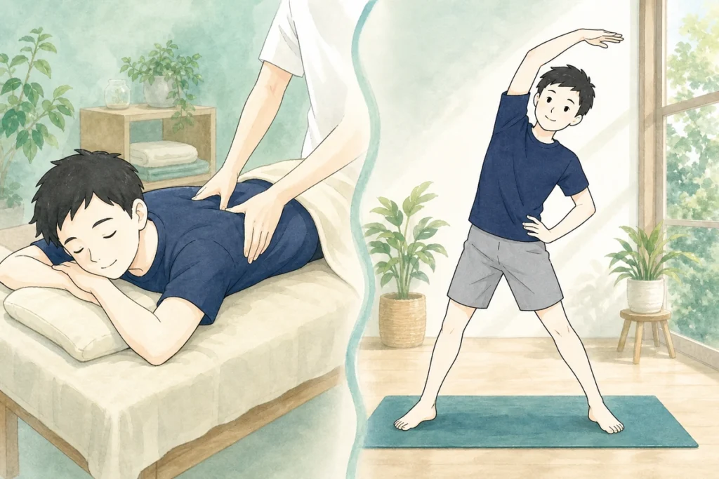 受け身のマッサージと能動的なストレッチジムの違いを示した比較イラスト