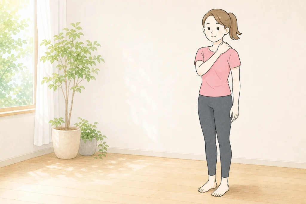 肩こりが気になり方に手を当てる女性のイラスト
