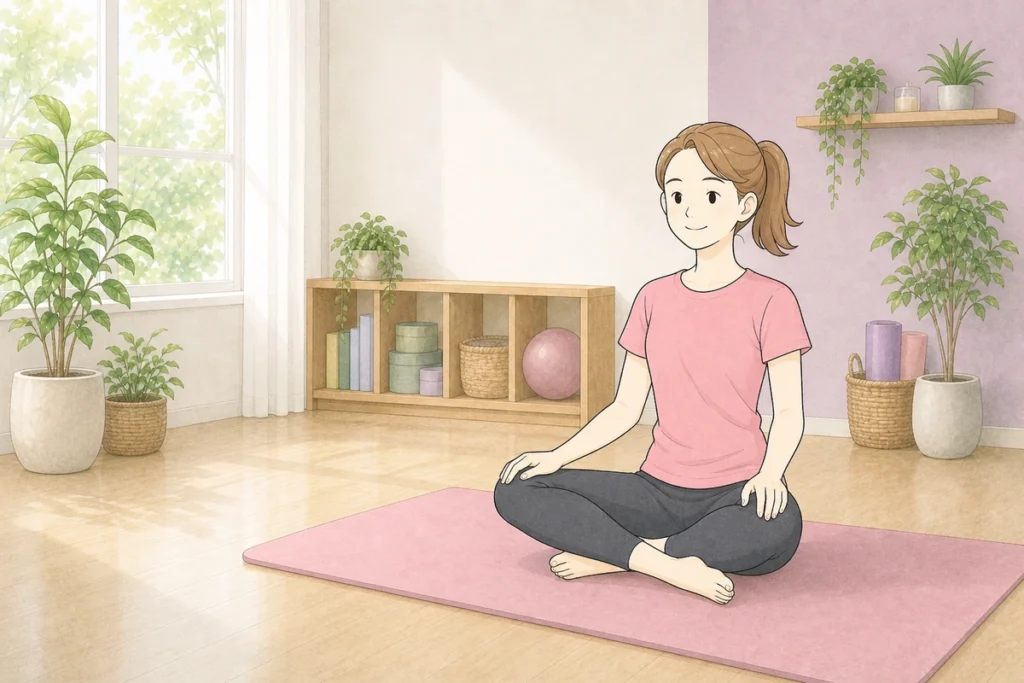 あぐらで座りリラックスする女性のイラスト