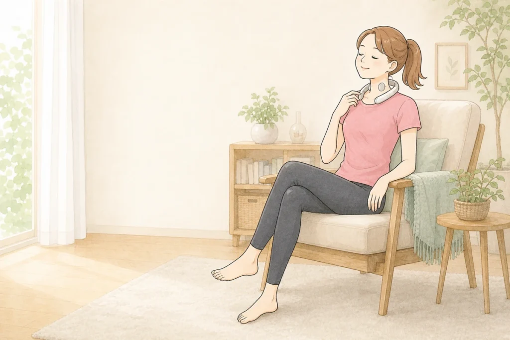 首掛けEMSを使ってリラックスする女性