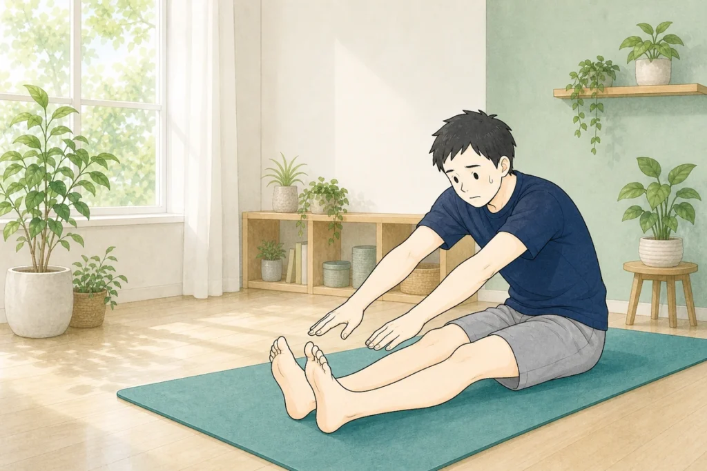 長座の前屈で手がつま先に届かず困った表情の男性のイラスト