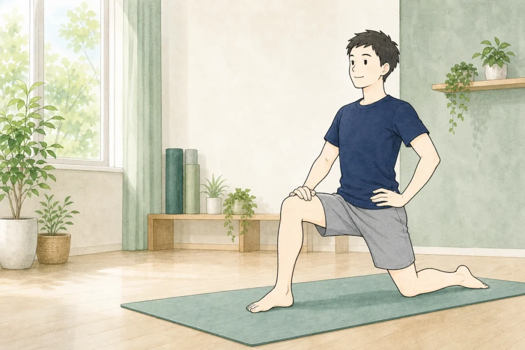 ランジの姿勢で正しいフォームを確認する男性のイラスト