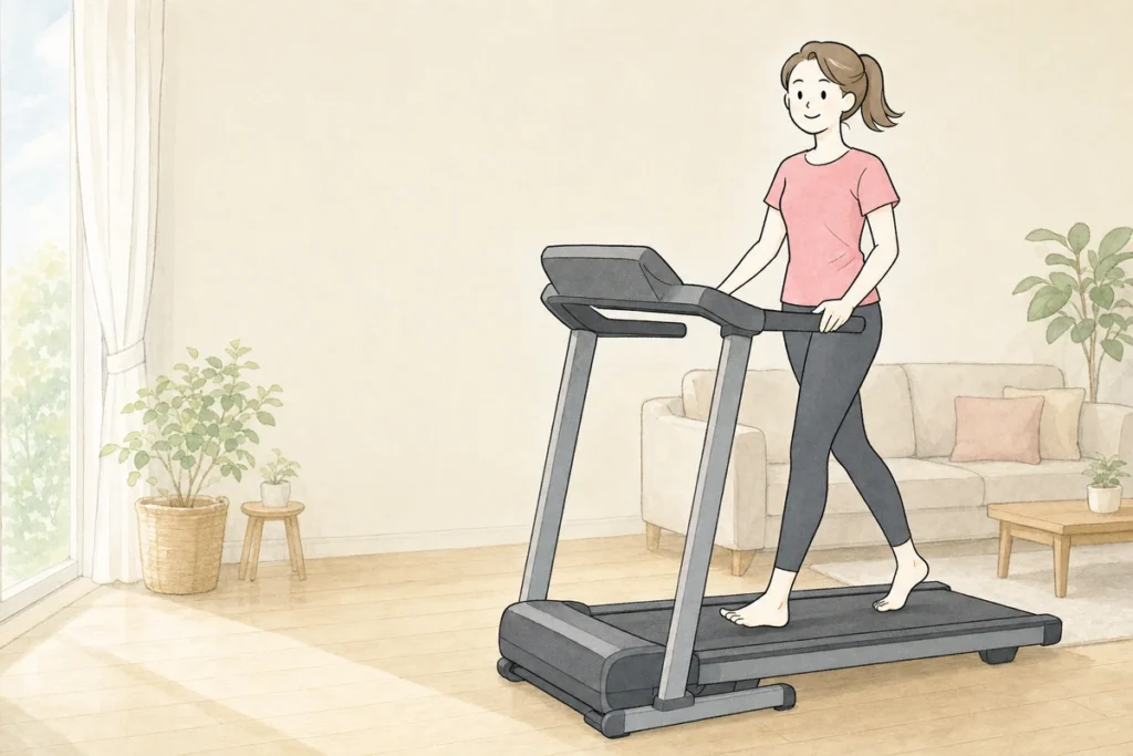 自宅でルームランナーを使って歩く女性のイラスト