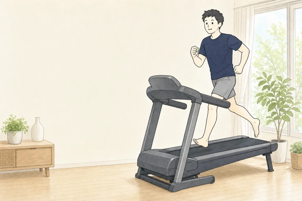 自宅のルームランナーで傾斜をつけて走る男性のイラスト