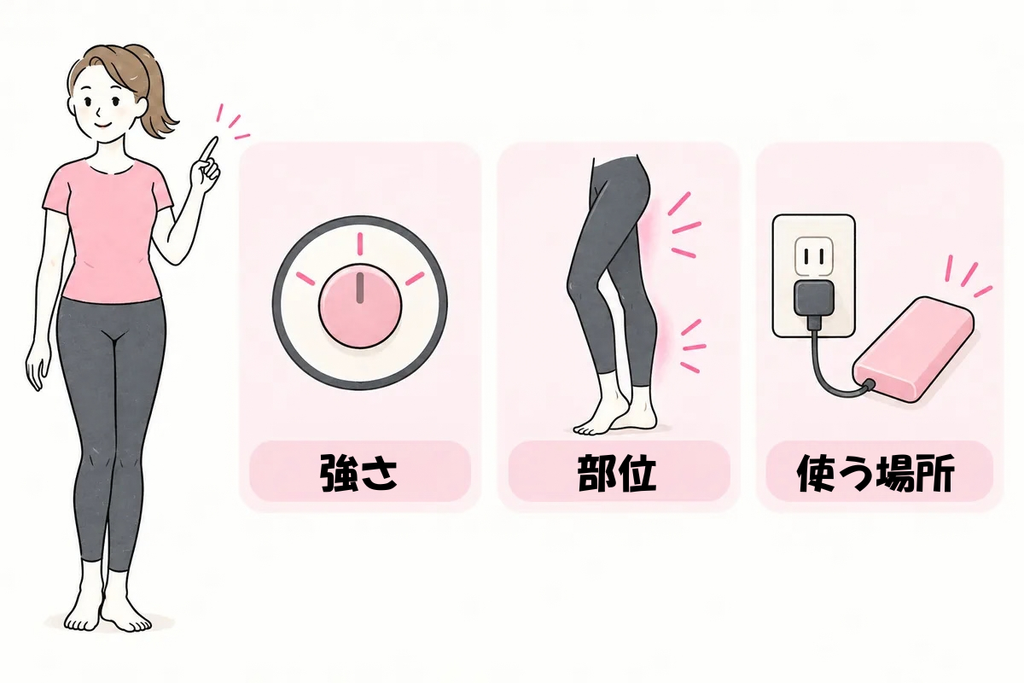 ふくらはぎケア用品を選ぶ3つの基準（強さ・部位・使う場所）を説明するイラスト