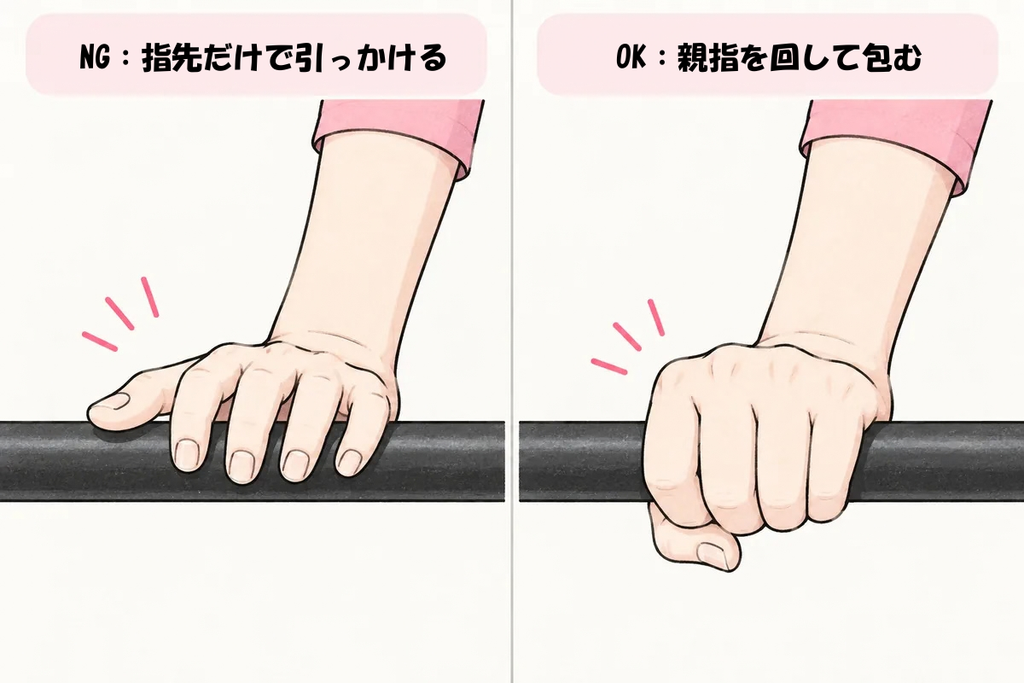 親指を回してバーを包むように握る正しい握り方と、指先だけで引っかける握り方の比較イラスト