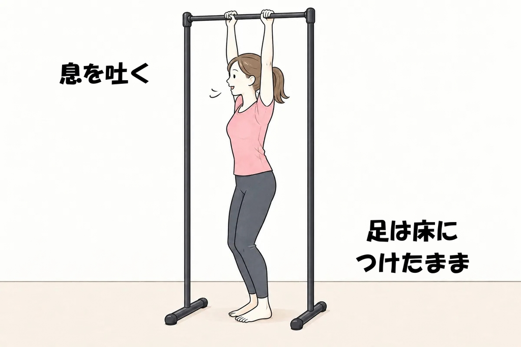 足を床につけたまま膝を少し曲げ、ぶら下がり健康器のバーを握る女性のイラスト