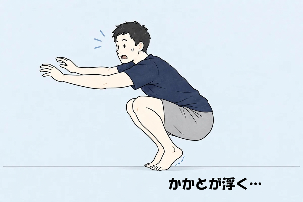 しゃがむとかかとが浮いてしまう、ふくらはぎが硬い人の姿勢のイラスト