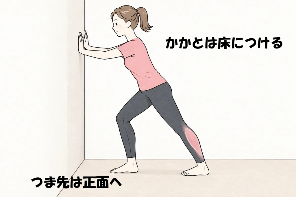 壁に手をついて後ろ足のかかとを床につけ、ふくらはぎを伸ばすストレッチのイラスト