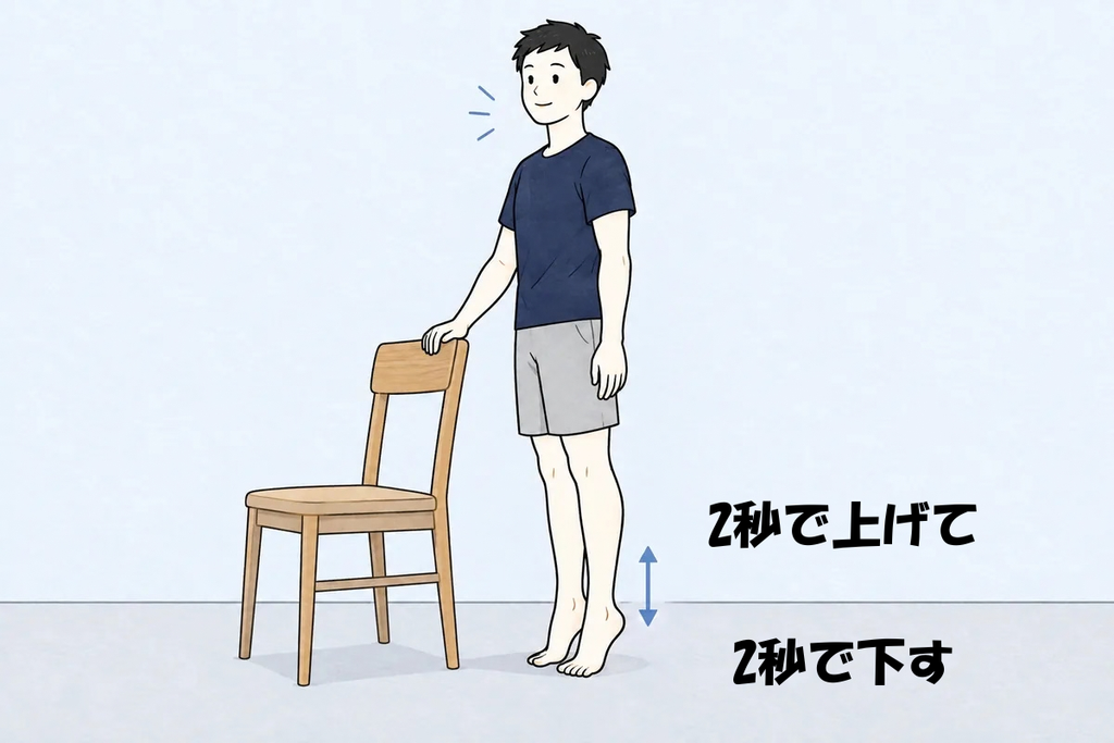 椅子の背に手を添えて、かかとを上げ下げする運動をする男性のイラスト