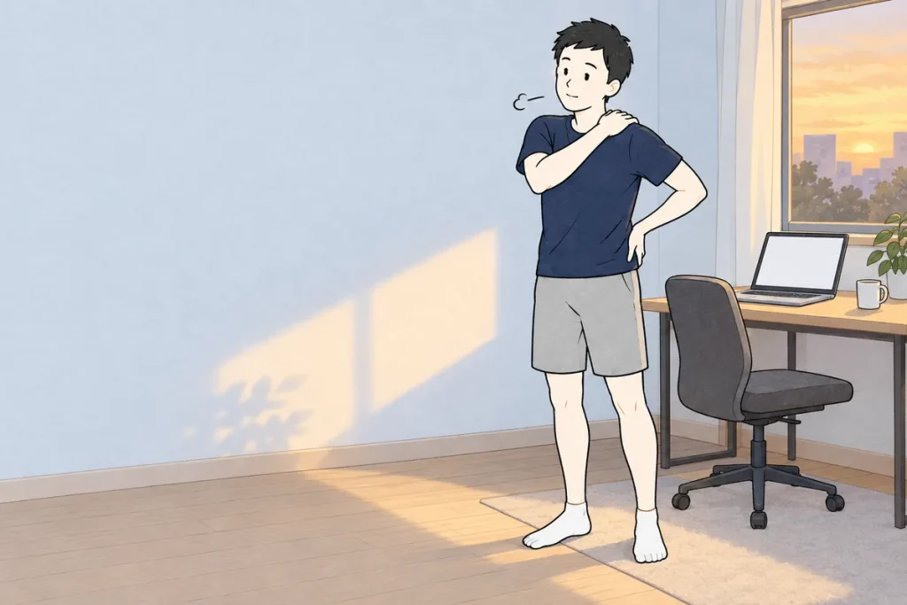 夕方、デスクワークで固まった背中を伸ばしたくなっている男性のイラスト