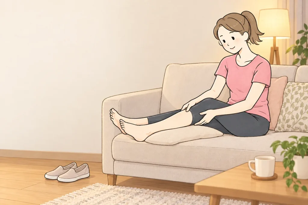 夕方、ソファでむくんだふくらはぎを気にする女性のイラスト