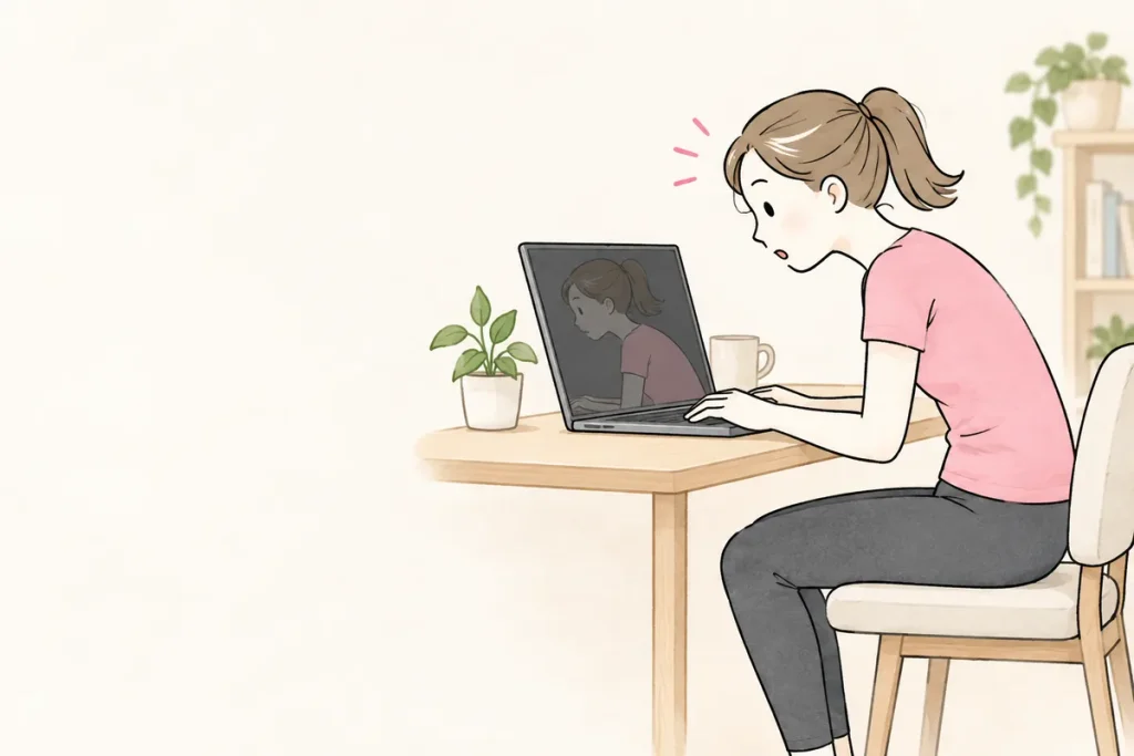 パソコン作業中に背中が丸くなっていることに気づく女性のイラスト
